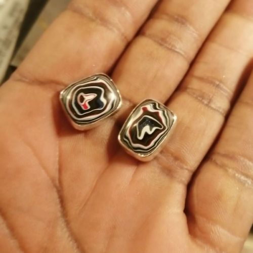 Handcrafted recycled sterling silver blue rectangular Fordite cufflinks